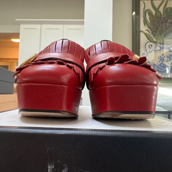 GUCCI Leather Hibiscus Red Marmont Platform w/Double Fringe, GG Logo - Picture 5 of 8